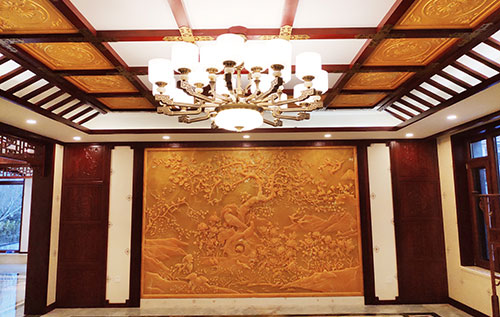 调楼镇中式别墅客厅中式木作横梁吊顶装饰展示